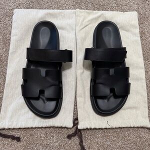 Hermes Black Leather Chypre Sandals